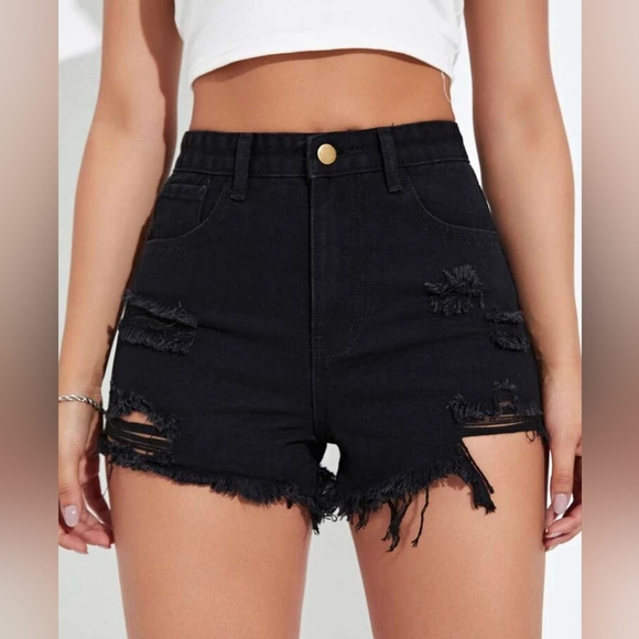 SHEIN High Waist Ripped Raw Trim Denim Shorts - Picture 3 of 11